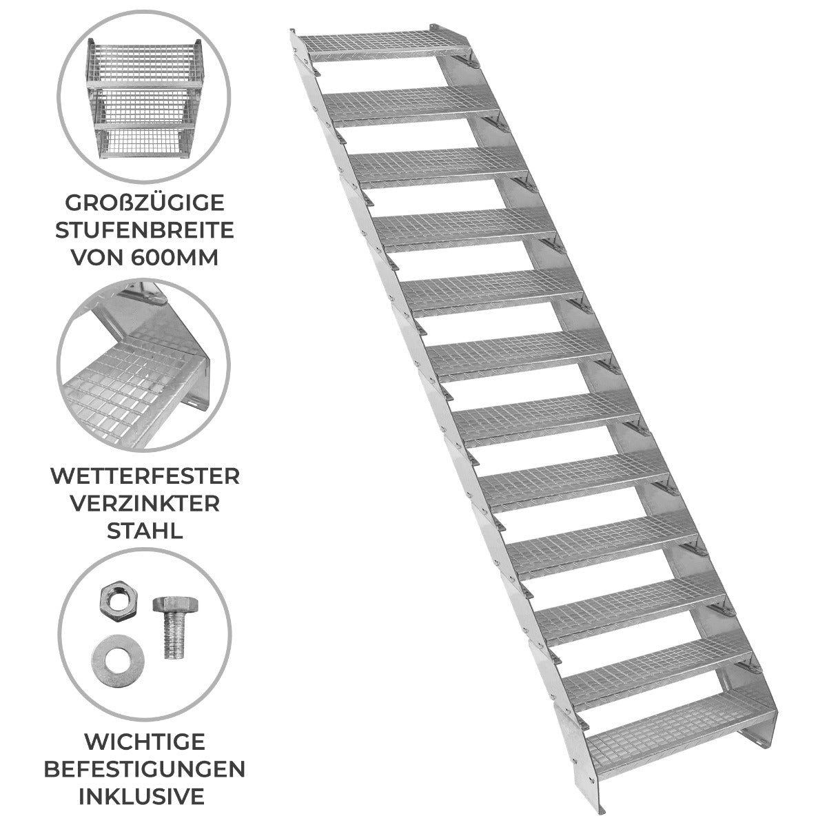 Verstellbare Zwölfteilige Verzinkter Stahl Treppe – 600mm breit