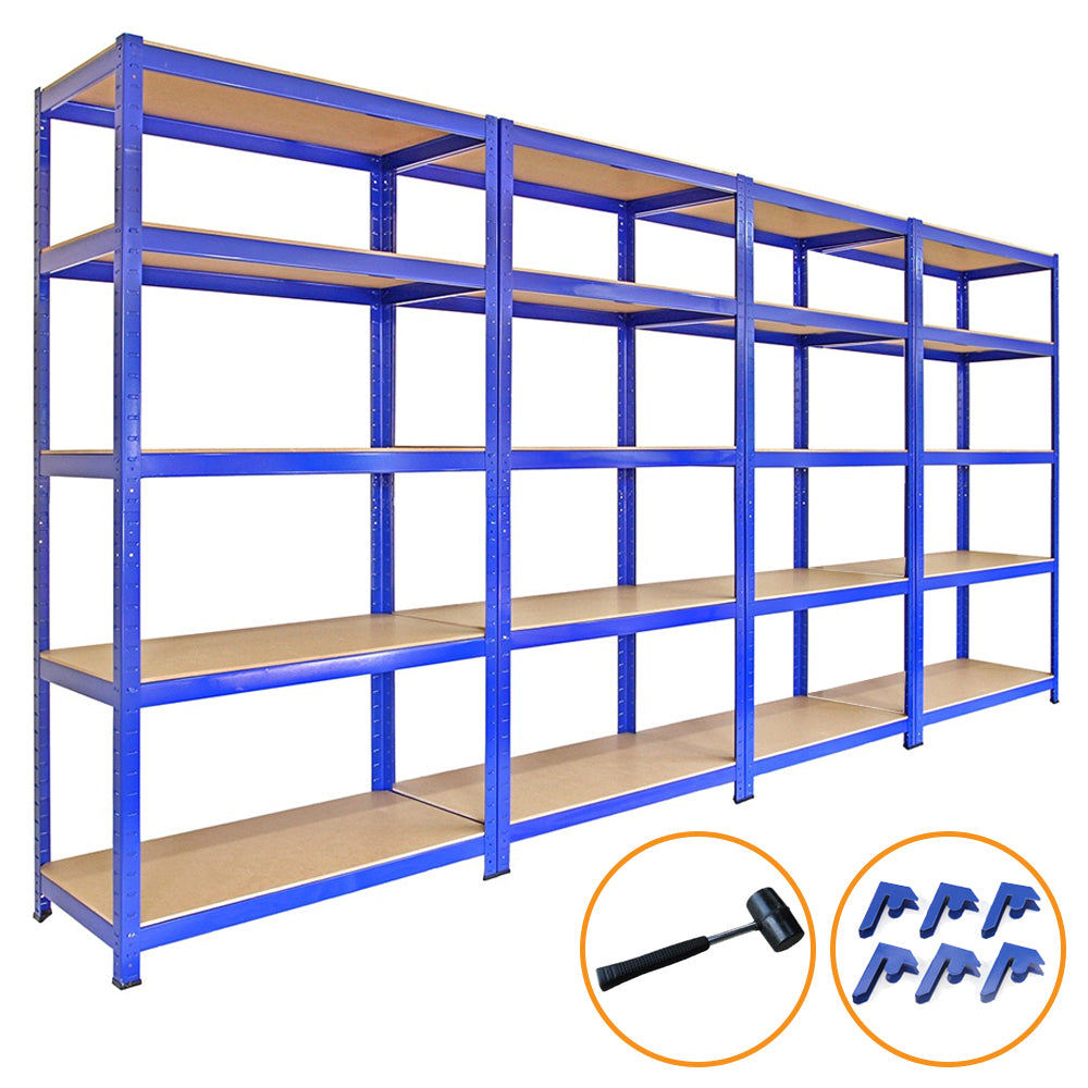 4x Monster Racking T-Rax 90cm Lagerregal Blau mit Gratis Gummihammer