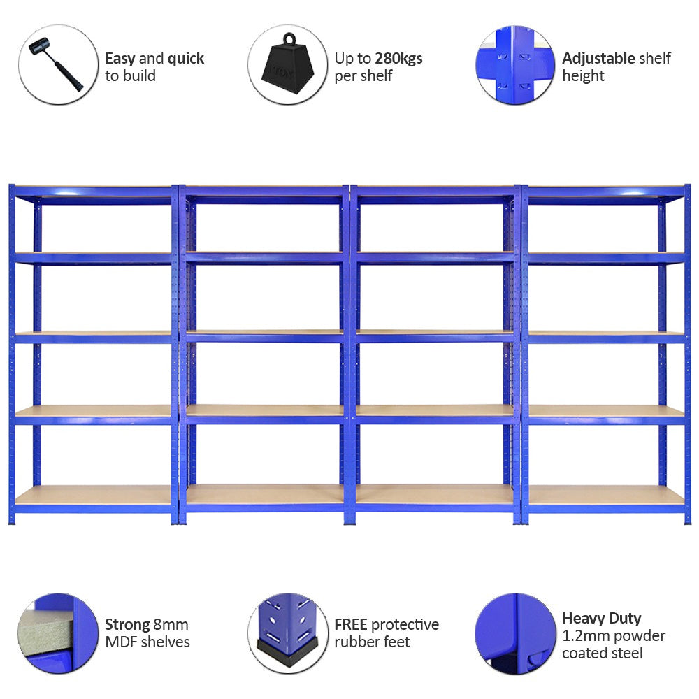 4x Monster Racking T-Rax 90cm Lagerregal Blau mit Gratis Gummihammer