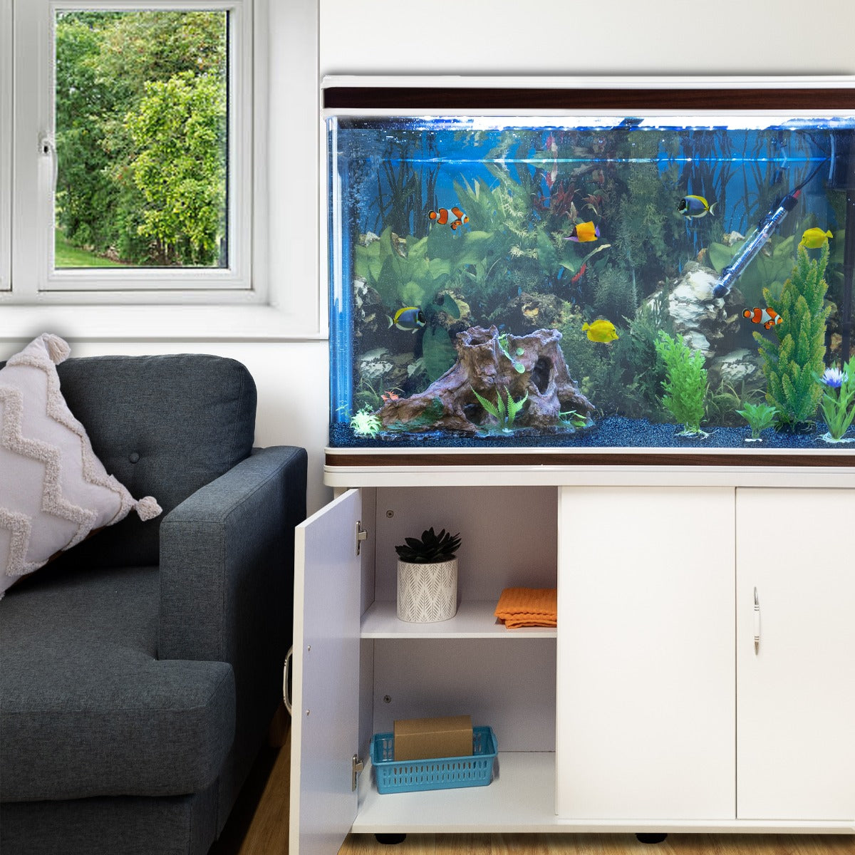 300L Aquarium Komplettset mit Unterschrank  & blauer Kies