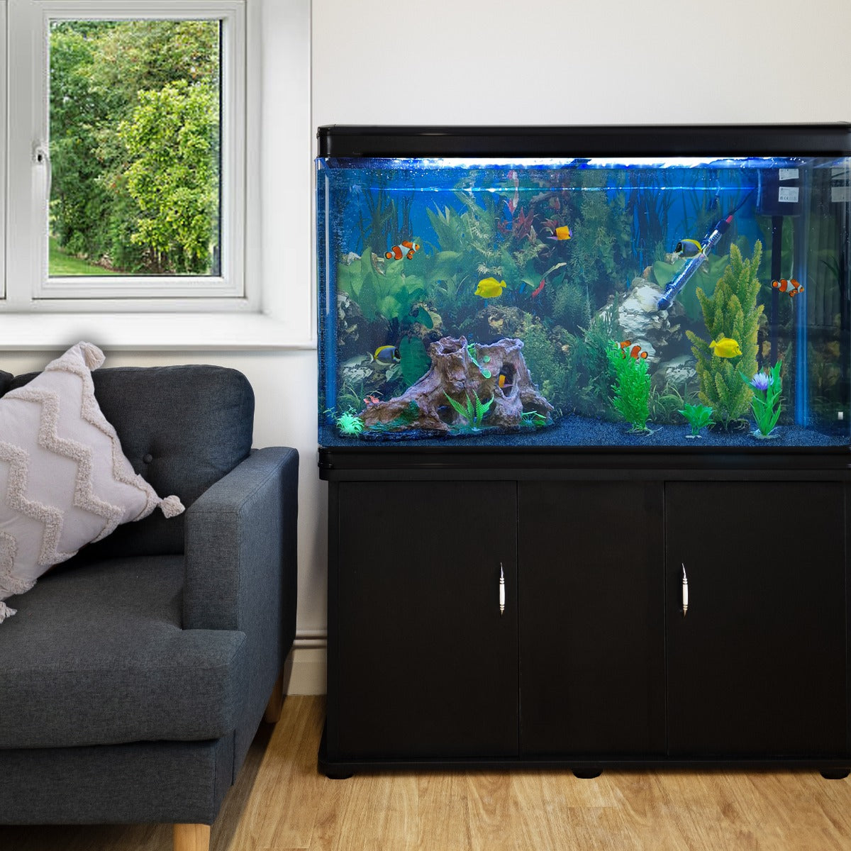 300L Komplettset  Aquarium - Schwarz mit Kies-Blau