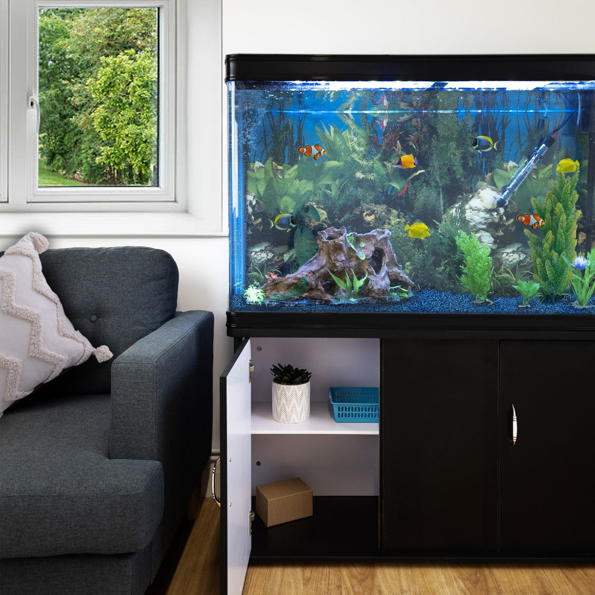 300L Komplettset  Aquarium - Schwarz mit Kies-Blau