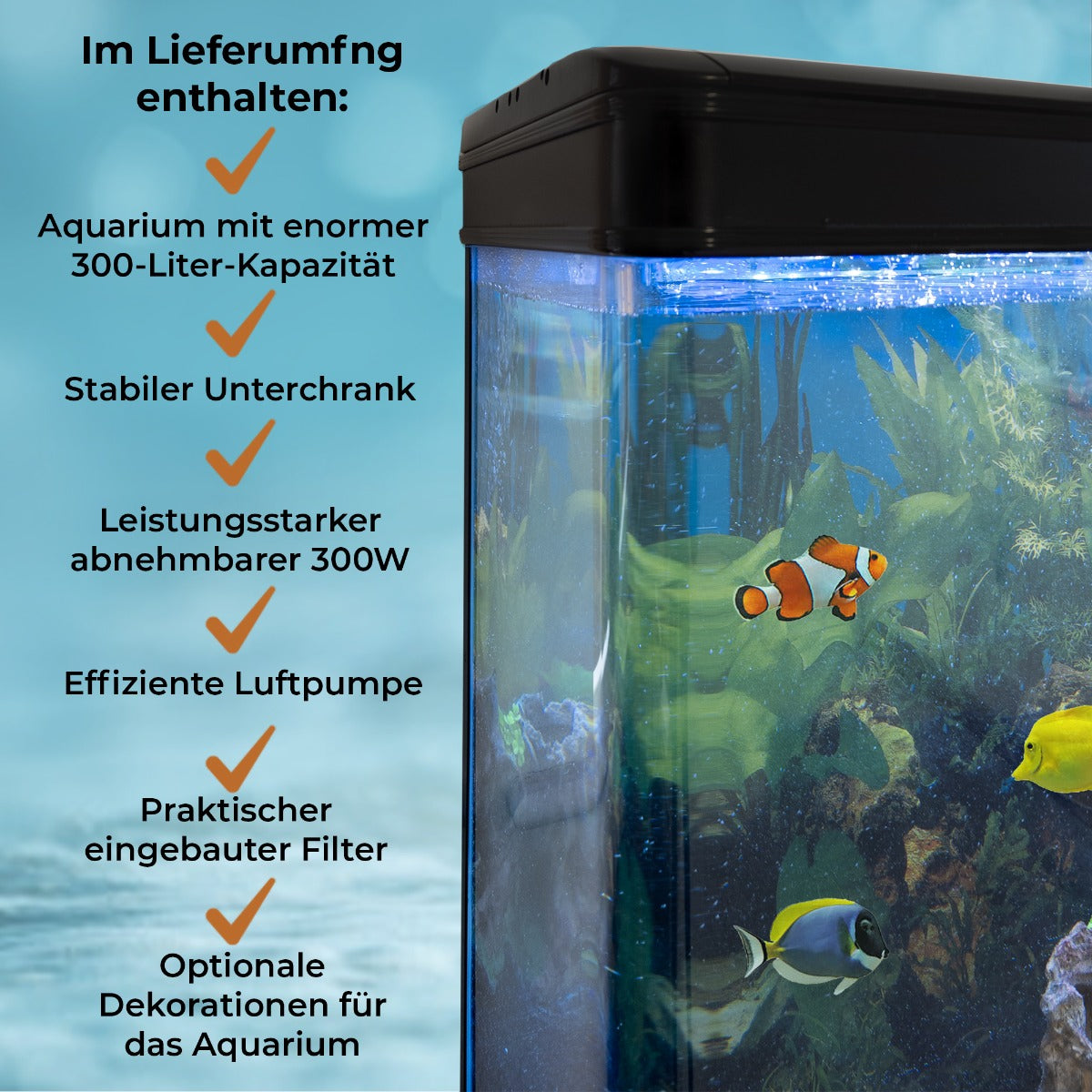 300L Komplettset  Aquarium - Schwarz mit Kies-Blau