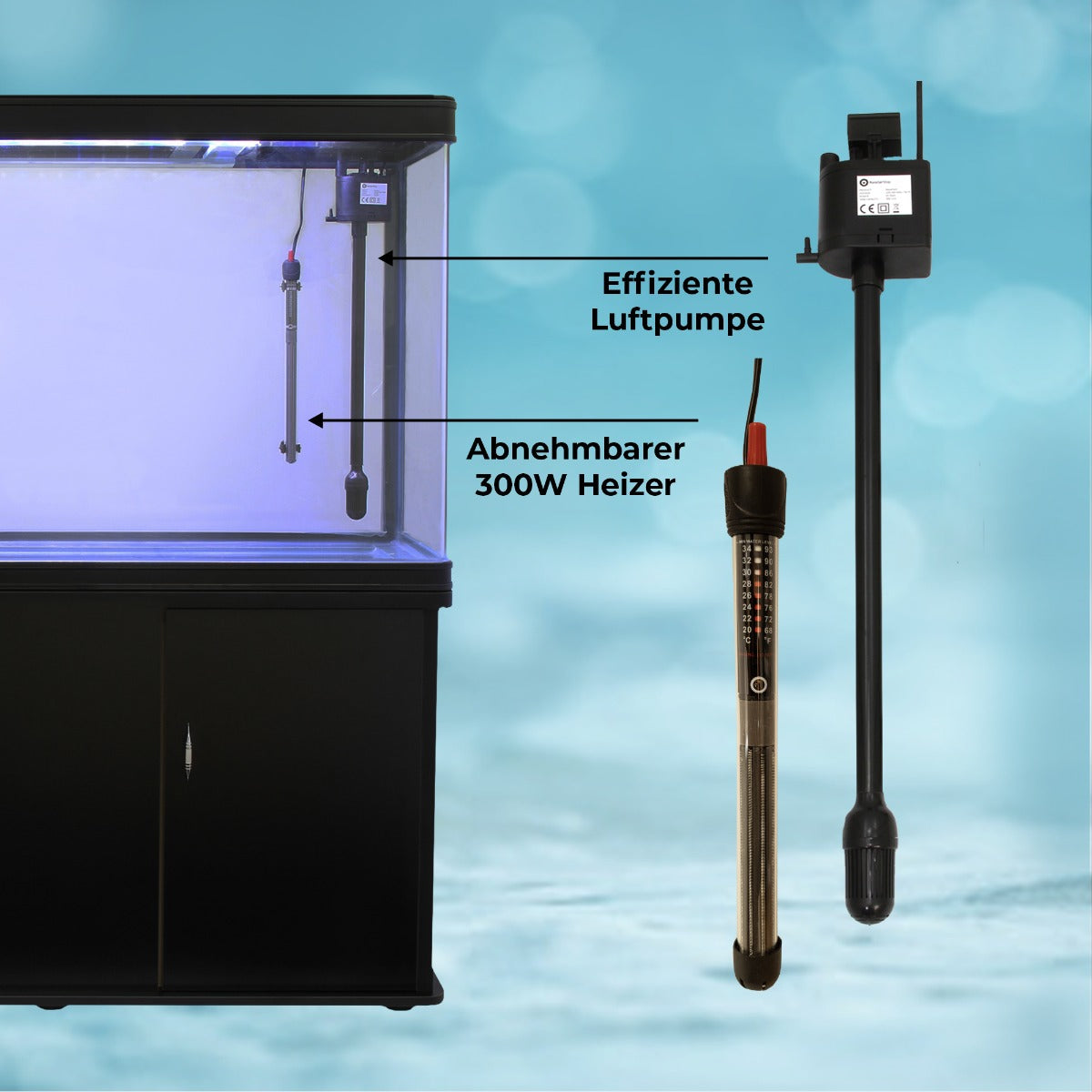 300L Komplettset  Aquarium - Schwarz mit Kies-Blau