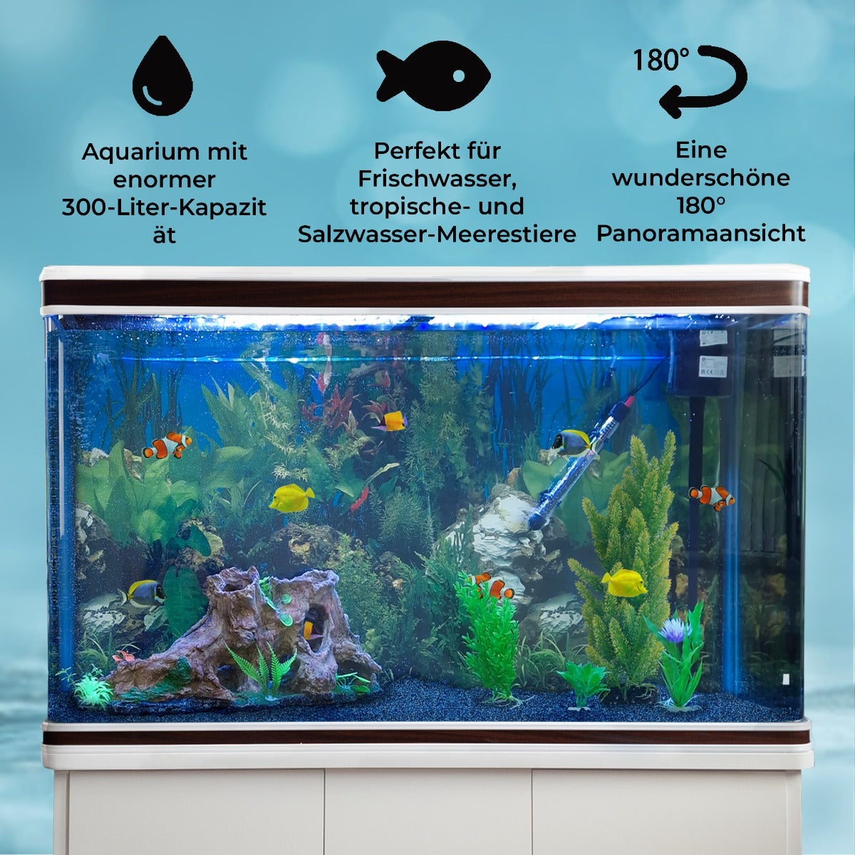 300L Aquarium Komplettset mit Unterschrank  & blauer Kies