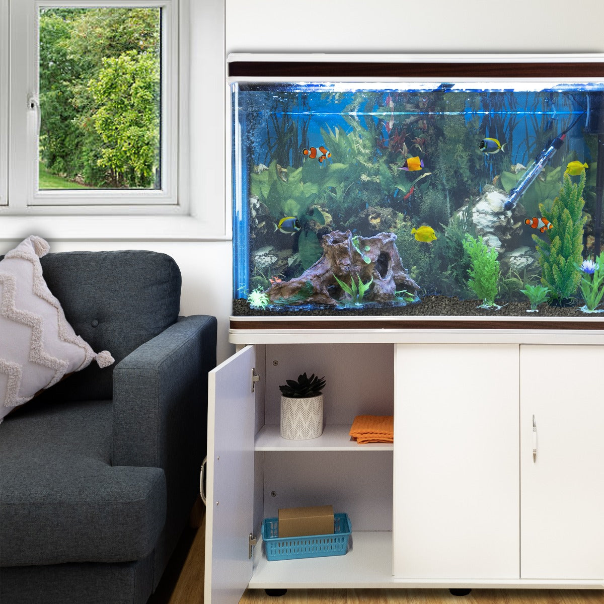 Aquarium Komplettset mit weißem Unterschrank & schwarzem Kies